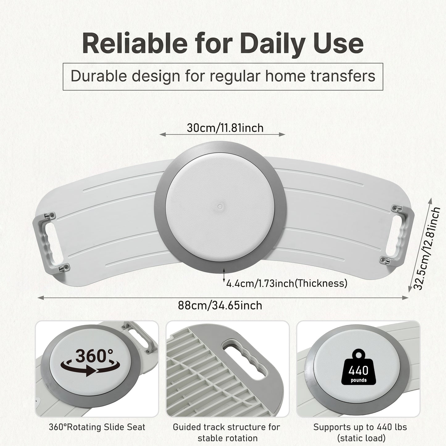 SUBOTON Rotating Transfer Board System with 360° Swivel Seat, 34.6” Patient Transfer Board for Bed, Wheelchair, Car and Chair Transfers, White