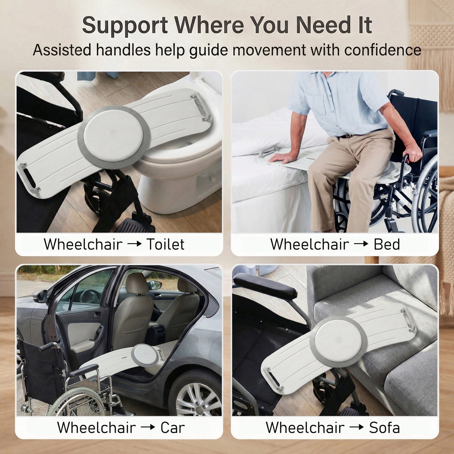 SUBOTON Rotating Transfer Board System with 360° Swivel Seat, 34.6” Patient Transfer Board for Bed, Wheelchair, Car and Chair Transfers, White
